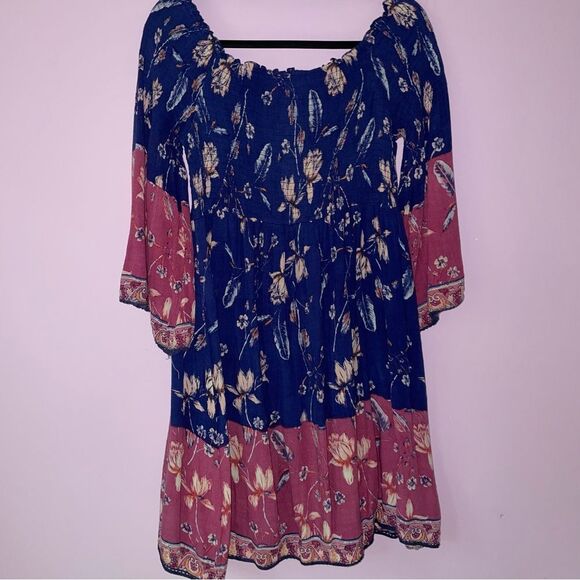 J Gee Sundress XL Midi Smocked Boho Print Bell Sleeves Blue Purple - Picture 6 of 8